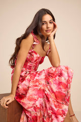 Sweet Like Sangria Pink Floral Ruffled Bustier Midi Dress