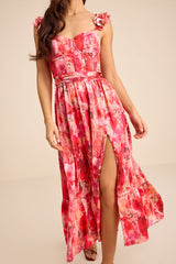 Sweet Like Sangria Pink Floral Ruffled Bustier Midi Dress