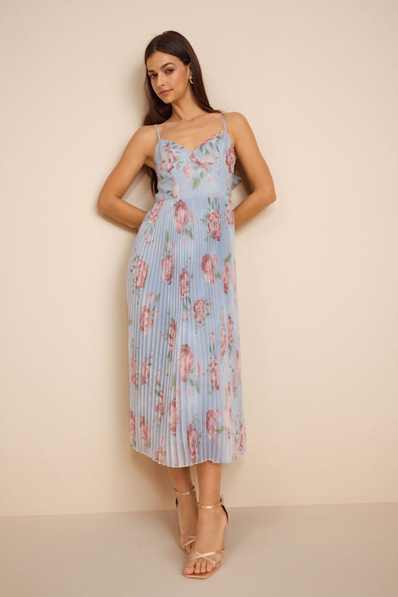 Alondra Light Blue Multi Floral Pleated Midi Dress