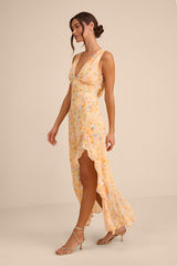 Laraline Peach Multi Floral Ruffled Cowl Back Maxi Dress