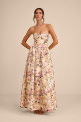 Kathani Light Yellow Floral Jacquard Bustier Maxi Dress