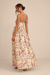 Kathani Light Yellow Floral Jacquard Bustier Maxi Dress