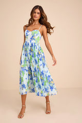 Dorothy Light Blue Multi Floral Print Pleated Midi Dress