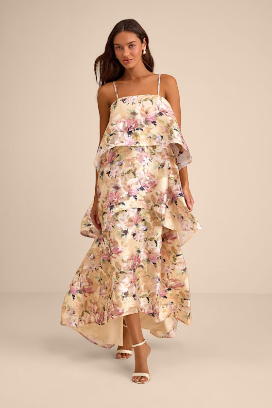 Daneli Yellow Multi Floral Jacquard Tiered Maxi Dress