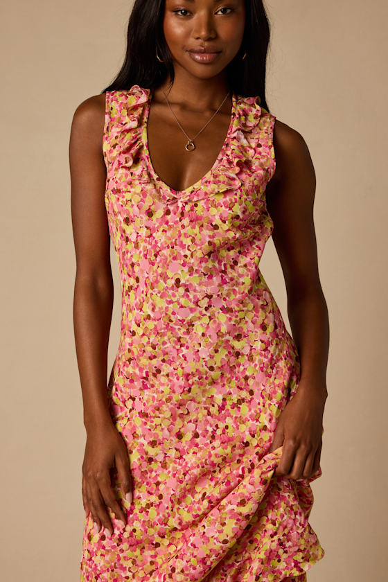 Renea Pink Multi Floral Ruffled Sleeveless Midi Dress