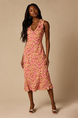 Renea Pink Multi Floral Ruffled Sleeveless Midi Dress