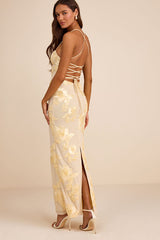 Nantessa Light Yellow Floral Applique Lace-Up Maxi Dress