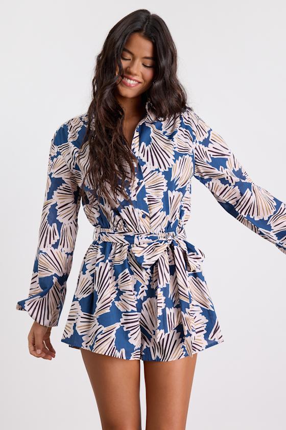 Dimora Blue Abstract Print Long Sleeve Collared Romper