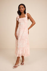 Summer Invite White and Pink Toile Tie-Strap Tiered Midi Dress
