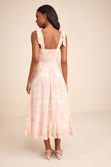 Summer Invite White and Pink Toile Tie-Strap Tiered Midi Dress