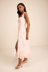 Summer Invite White and Pink Toile Tie-Strap Tiered Midi Dress