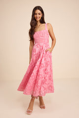 Loira Pink Burnout Jacquard Lace-Up Midi Dress