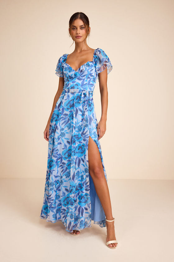 Sensationally Sweeter Blue Floral Ruffled Maxi Dress