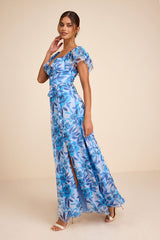 Sensationally Sweeter Blue Floral Ruffled Maxi Dress