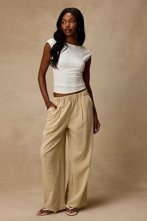 Tilly Tan Gingham Mid-Rise Wide-Leg Pants