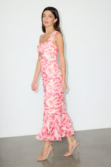 Aelara Pink Floral Mesh Ruched Trumpet Midi Dress