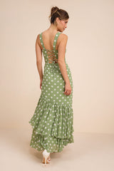 Raynelle Light Green Polka Dot Lace-Up Tiered Maxi Dress
