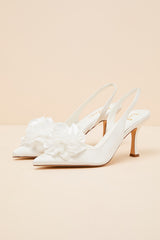Courtney Ivory Satin Floral Applique Slingback Pumps