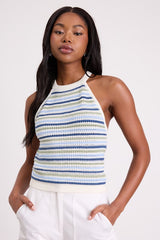 Farida Ivory and Blue Striped Crochet Tank Top