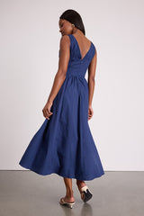Lettie Navy Poplin Plunge Neck Midi Dress