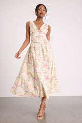 Lettie Ivory Multi Floral Poplin Plunge Neck Midi Dress