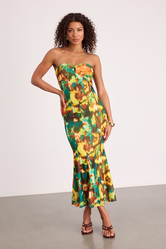 Islay Green Multi Abstract Mesh Strapless Midi Dress