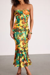 Islay Green Multi Abstract Mesh Strapless Midi Dress