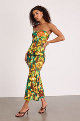 Islay Green Multi Abstract Mesh Strapless Midi Dress