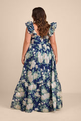 Soiree Perfection Navy Floral Ruffled Tiered Maxi Dress