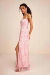 Rare Presence Blush 3D Floral Embroidered Maxi Dress