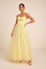 Lyssa Pale Yellow Tulle Strapless Cutout Maxi Dress