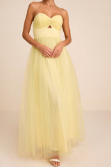 Lyssa Pale Yellow Tulle Strapless Cutout Maxi Dress