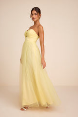 Lyssa Pale Yellow Tulle Strapless Cutout Maxi Dress