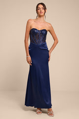 Ria Navy Blue Sequin Strapless Mermaid Maxi Dress