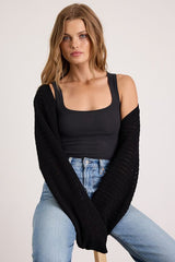 Perfectly Comforting Black Pointelle Open-Front Shrug Sweater