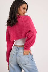 Perfectly Comforting Fuchsia Pointelle Open-Front Shrug Sweater