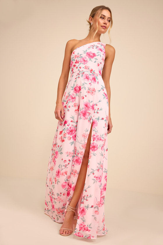 Elegant Admiration Light Pink Floral One-Shoulder Maxi Dress