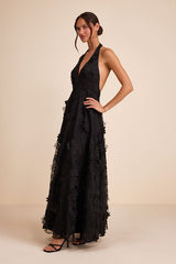 Kennia Black 3D Floral Embroidered Halter Maxi Dress