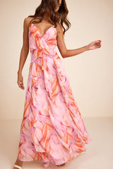 Astraea Lilac and Orange Abstract Surplice Ruffled Maxi Dress
