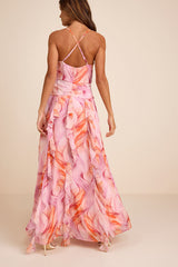 Astraea Lilac and Orange Abstract Surplice Ruffled Maxi Dress