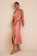Reglan Pink Satin One-Shoulder Sash Midi Dress