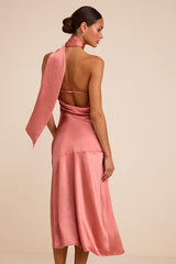 Reglan Pink Satin One-Shoulder Sash Midi Dress