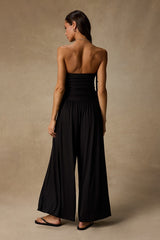 Halloran Black Pointelle Strapless Wide-Leg Jumpsuit