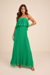 Arietta Green Pleated Strapless Maxi Dress