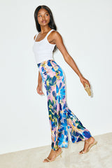 Thriving Vibes Blue Floral Print Satin Wide-Leg Pants