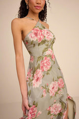 Romantic Marvel Sage Floral Print Halter Neck Maxi Dress