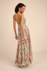 Romantic Marvel Sage Floral Print Halter Neck Maxi Dress