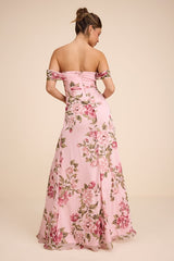 Magical Magnetism Light Pink Floral Off-the-Shoulder Maxi Dress