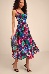 Malanda Fuchsia Multi Floral Pleated Midi Dress