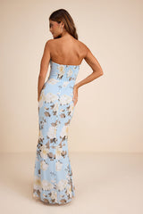 Excellent Sensation Blue Floral Strapless Ruffled Maxi Dress